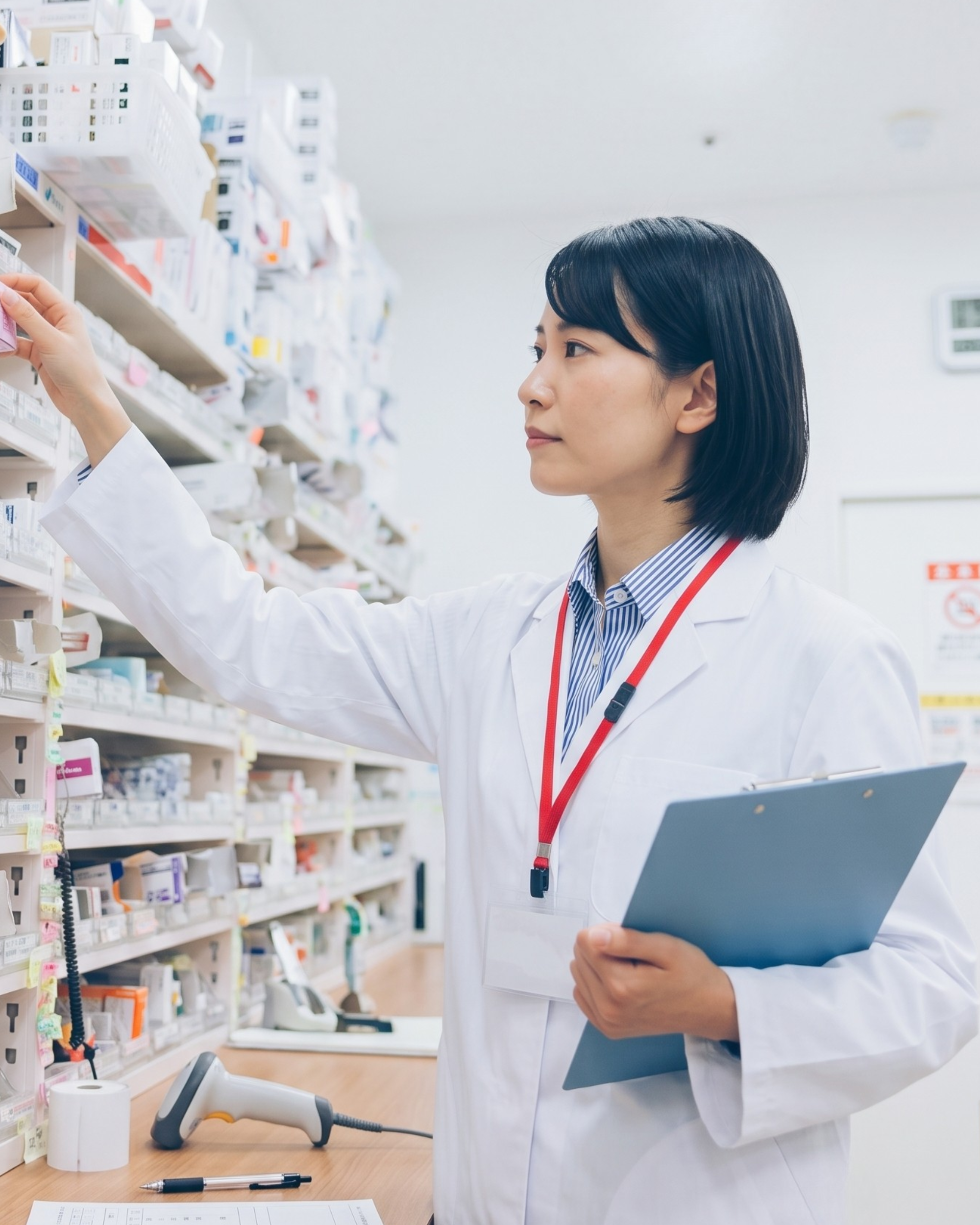 薬局の棚で薬を確認する薬剤師